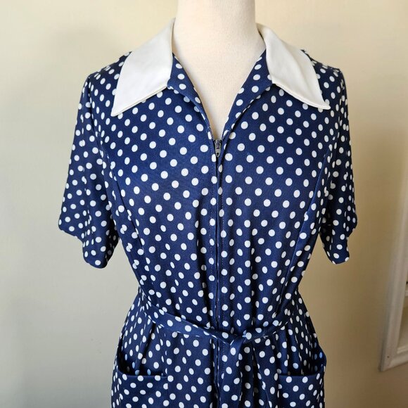 Vintage 40s 70s House Day Dress Navy Blue White Polka Dot Nursing Plus Volup XL - Picture 1 of 7